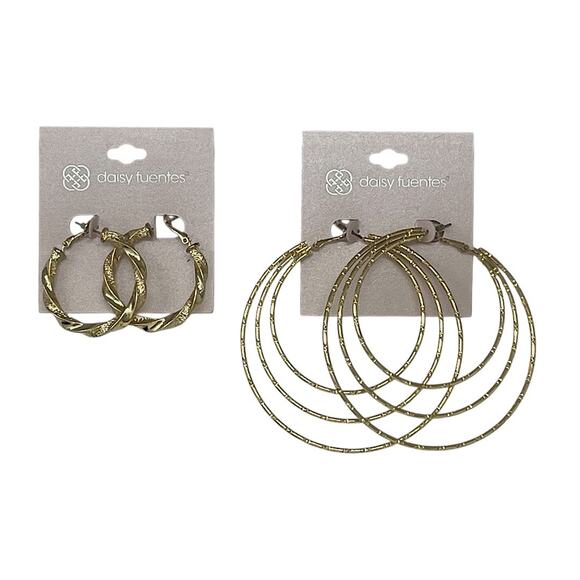 Daisy Fuentes Gold Tone Hoop Earrings Set of 2 Textured & Triple Hoops 1.5” / 3” - Picture 1 of 5